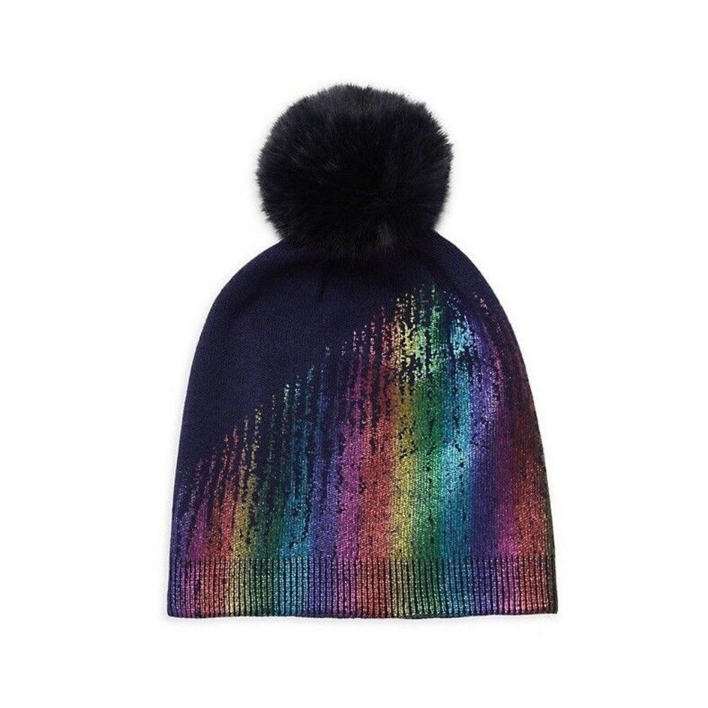 ADRIENNE LANDAU Navy Blue Metallic Rainbow Faux Fur Pom Pom Beanie Hat